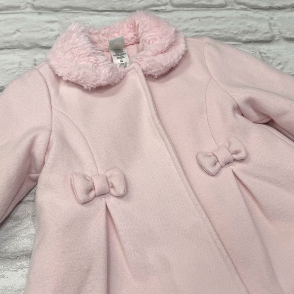 LITTLE ME Pink Felt Pea Coat 12M Bow Faux Fur Babydoll Quilted Lining Warm Fuzzy